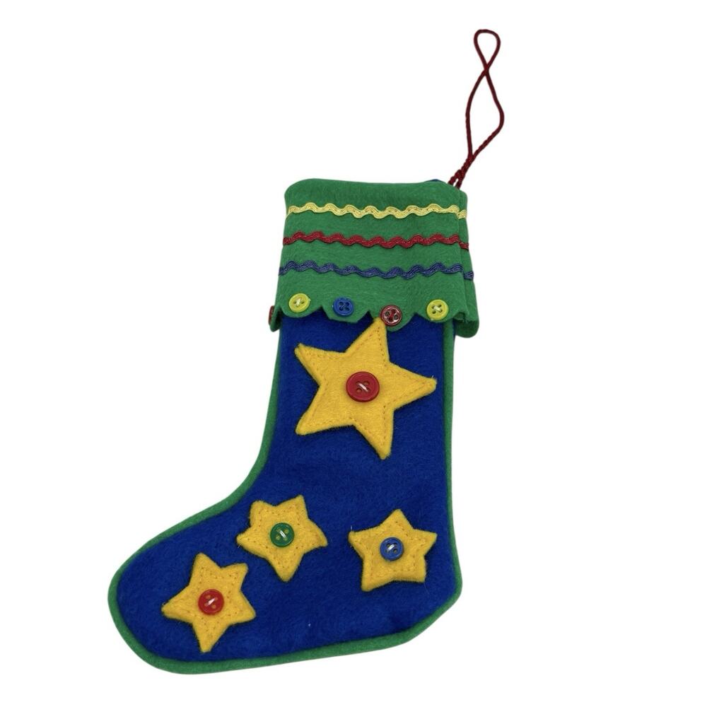 Vintage 7” Felt Christmas Stocking Embroidered Yellow Stars Appliqués Buttons